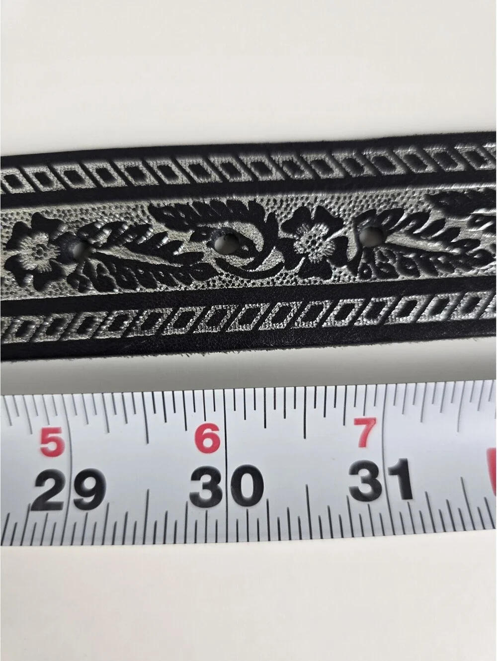 Vintage Embossed Black/Gray Leather Cowhide Belt Silver Buckle Size M 30